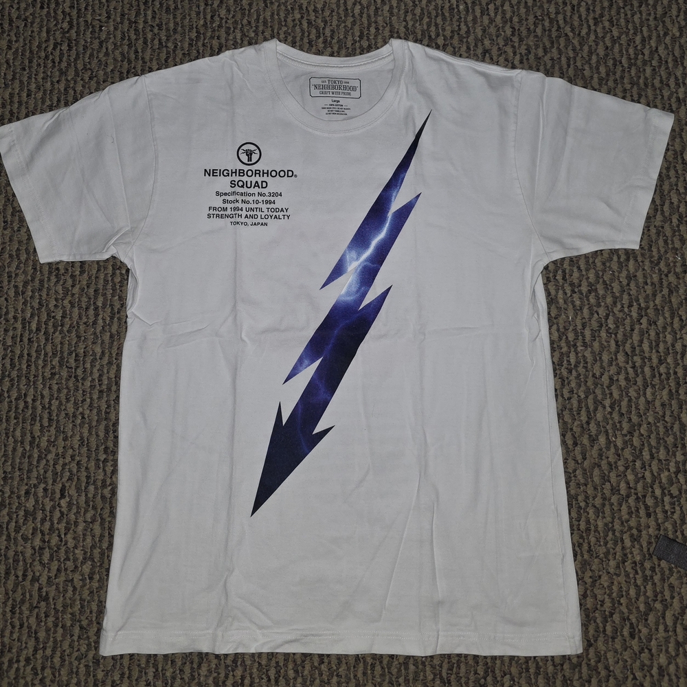 Neighborhood White T-Shirt with Blue Lightning Design